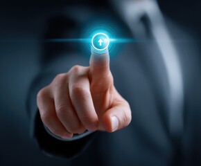 A businessman's finger presses a glowing up arrow, symbolizing growth, advancement, and technological progress.