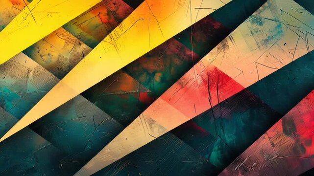 Video A vibrant painting featuring triangular shapes and geometric lines