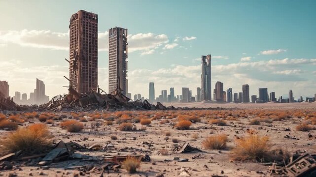 Video Urban architecture amidst arid environment, suggesting contrast and adaptation