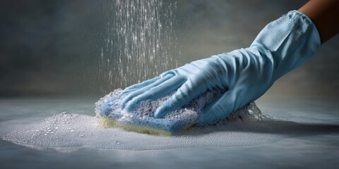 A gloved hand cleans a surface with a sponge under a stream of water, creating suds and bubbles.