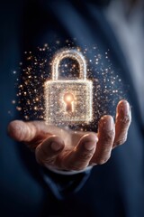 A hand delicately holds a glowing, digital padlock.