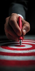 A hand in a suit jacket holds a pen poised over the bullseye of a target.
