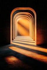 Fototapeta premium A captivating image of a series of arched doorways illuminated by warm golden light, casting shadows on a textured floor, Perfect for themes like transition, architecture, or interior design,
