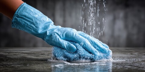 A hand in a blue protective glove wipes a dark, textured surface with a soapy sponge.