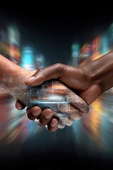 A handshake between a human hand and a digital hand overlaid with circuit board patterns symbolizes technology, collaboration, and partnership in a futuristic, vibrant cityscape setting.