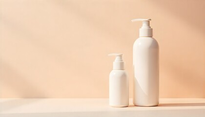 Two elegantly arranged cosmetic product bottles in the soft glow, a product shot, embodying cleanliness and care. 