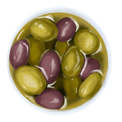olives in a bowl breakfast, cafe breakfast, vintage, isolated hand-drawn illustration on a transparent background.

