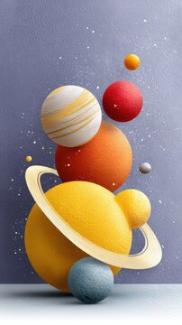 A colorful arrangement of textured planets with a purple background, ideal for educational materials, space-themed designs, or art projects