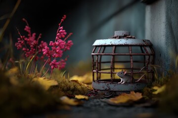 A small grey mouse sits inside a rusty, vintage-looking cage, surrounded by autumn leaves and pink flowers.