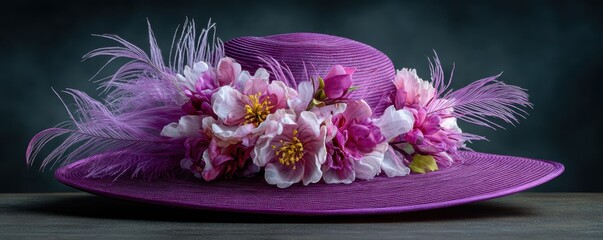 A stunning purple sun hat adorned with delicate pink and white flowers and feathery accents.
