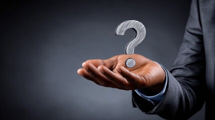 An African-American businessman presents a stylized question mark in the palm of his hand.