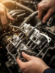Fototapeta premium Close-up of an Engineer Oiling Car Engine Cylinder Pistons and Sparks