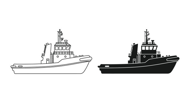 Detailed illustration of two tugboats one in outline and one as a dark silhouette