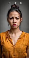 Close-up portrait of a young woman with a deeply displeased expression, symbolizing bad reviews and negative feedback.