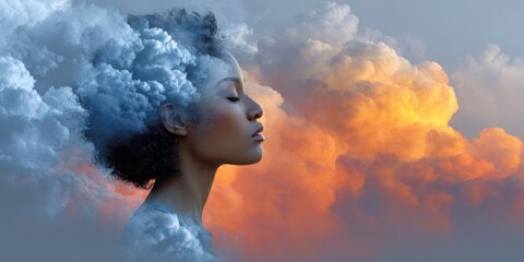 Surreal image of a woman in profile, merging with cloud formations.