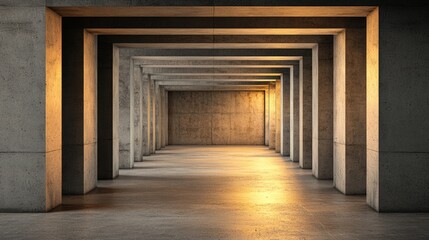 Obraz premium A modern architectural space with concrete columns and warm lighting creates a striking visual effect, It can be used for design inspiration, backgrounds, or showcasing industrial aesthetics,