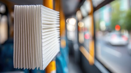 Medium shot of a bus air filter installation featuring HEPA technology sharply focused with blurred bus interior highlighting clean air circulation systems.