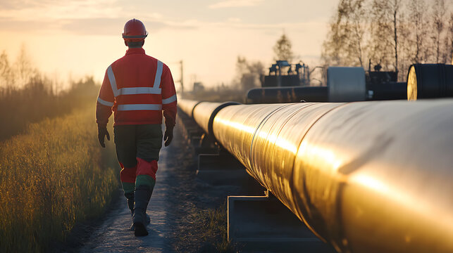 A worker in safety gear is walking along a pipeline under a sunset sky, ensuring infrastructure integrity. The focus is on maintenance and the pipeline's essential role.
