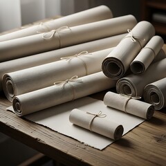 Collection of Rolled Parchment Scrolls with Delicate String Ties on Wood Surface