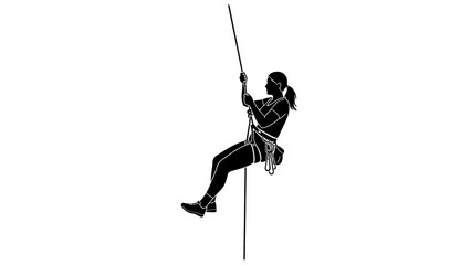 Silhouette of a woman rappelling down a rope.