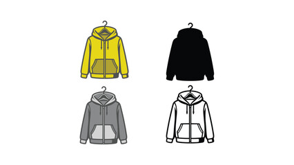 Four different colored hooded sweatshirts hang on hangers.