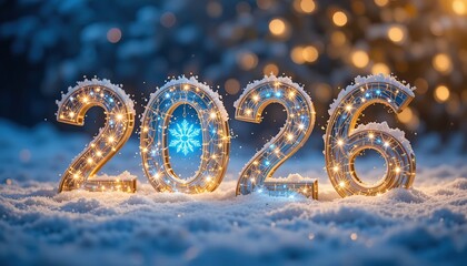 Decorative glowing 2026 numbers in soft snow. Sparkling bokeh lights create a festive background for New Year and winter celebrations.
