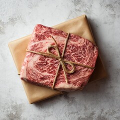Raw wagyu beef steak wrapped in paper and tied with twine