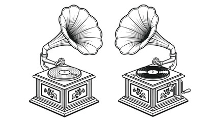 Two antique gramophones with records on white background
