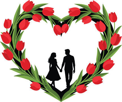 Silhouette of a couple holding hands inside a heart shaped red tulip flower wreath vector illustration for romance.