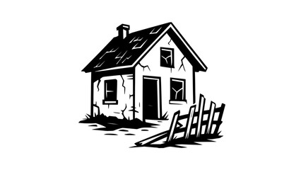 A dilapidated house with broken windows and a fallen fence stands abandoned.