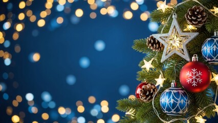 Festive christmas composition with twinkling lights and ornamental decorations on blue background