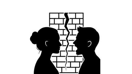 Silhouettes of a couple facing each other across a cracked brick wall.
