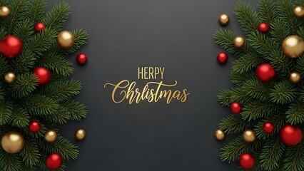 Festive Christmas greenery and ornaments surrounding a greeting message on dark backdrop