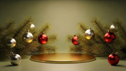 Festive Christmas display with golden platform, ornaments, and evergreen branches