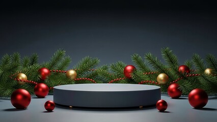 Festive Christmas product display with elegant podium and holiday decorations