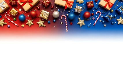 Festive Christmas holiday arrangement with vibrant ornaments, gifts, and candies against a red and