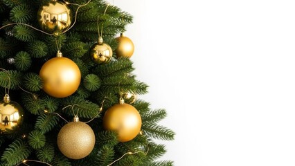 Festive christmas tree adorned with golden ornaments against a bright background