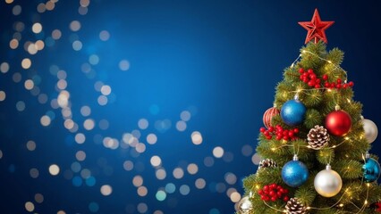 Festive christmas tree adorned with ornaments against a blue bokeh backdrop
