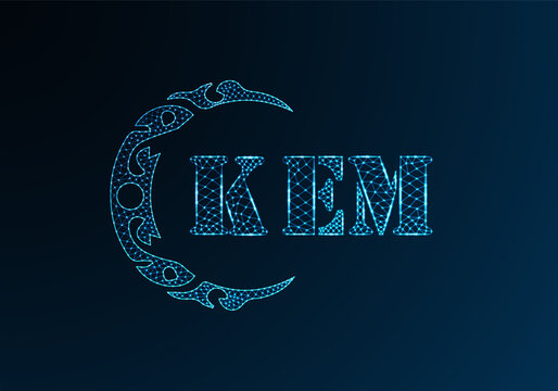 Low poly letter logo KEM design. KEM letter logo low poly vector design on blue color gradient background. KEM logo low poly design