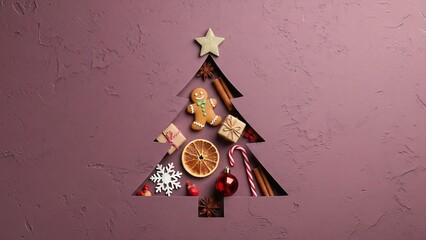 Festive christmas tree silhouette filled with holiday treats and gifts on textured plum backdrop