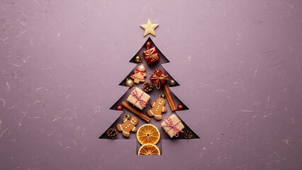 Festive christmas tree silhouette with gingerbread, gifts and ornaments, joyful arrangement