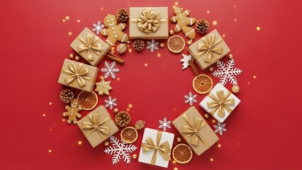 Festive Christmas Wreath with Gifts, Gingerbread, and Holiday Decorations on Red Background