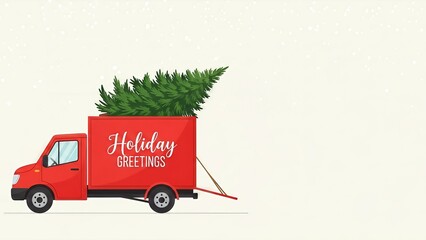 Festive delivery: A red truck transporting a christmas tree with holiday greetings message