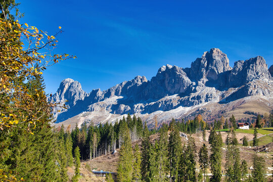 On the trails around Lake Carezza. Dolomites, Ega Valley, Italy.