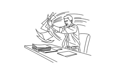Man throws papers in the air in frustration at his desk.