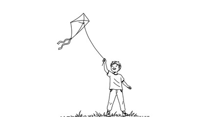 A child flies a kite on a grassy field.