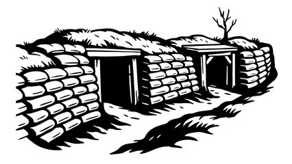 Trench warfare fortifications made of sandbags and earth are depicted.
