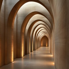 Fototapeta premium A serene corridor with elegant arches illuminated by soft lighting creates a calm atmosphere, This image can be used for architecture, interior design, or tranquil spaces in promotional materials,