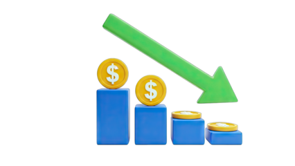 Dollar Coins Decline with Green Arrow on White Background