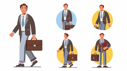 Businessman in various poses with briefcase and book